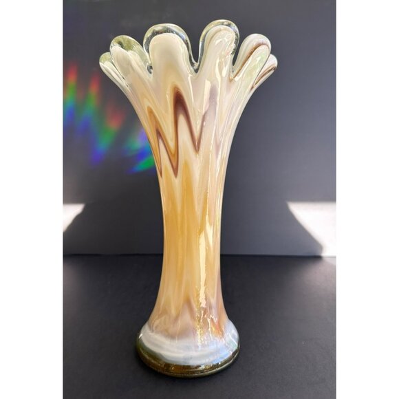 Hand Blown Vase Murano Style Pulled Finger Swung Art Glass Amber Brown White 10. - Picture 4 of 6